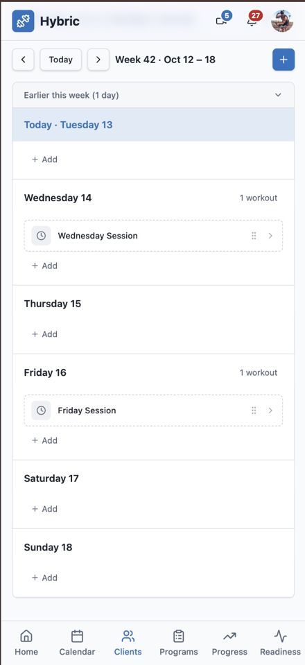Hybric-app: je trainingen per dag van de week