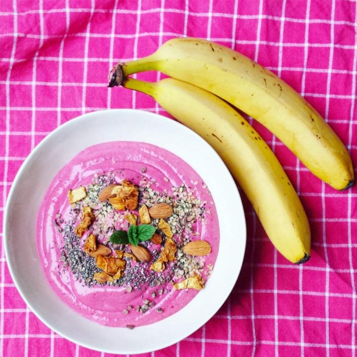 Pink plant power smoothie bowl