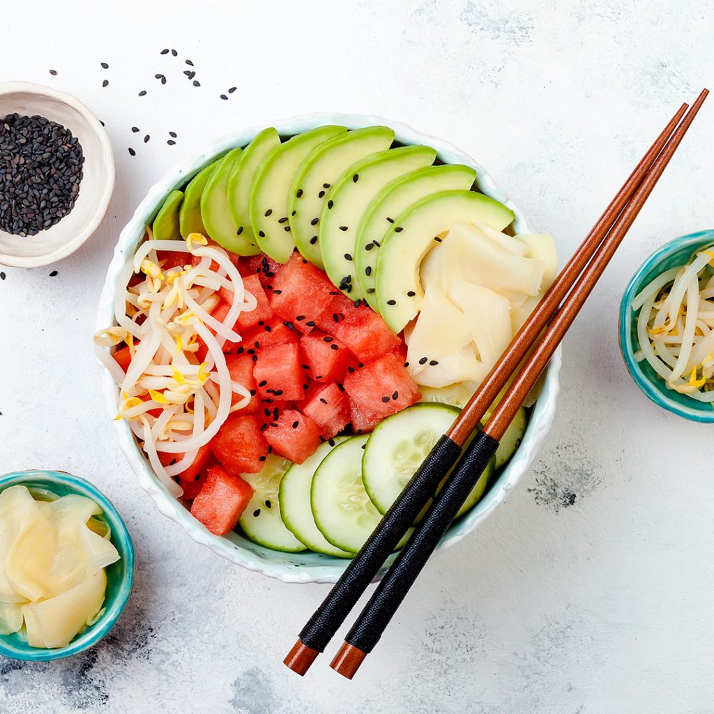 Vega poké bowl met watermeloen