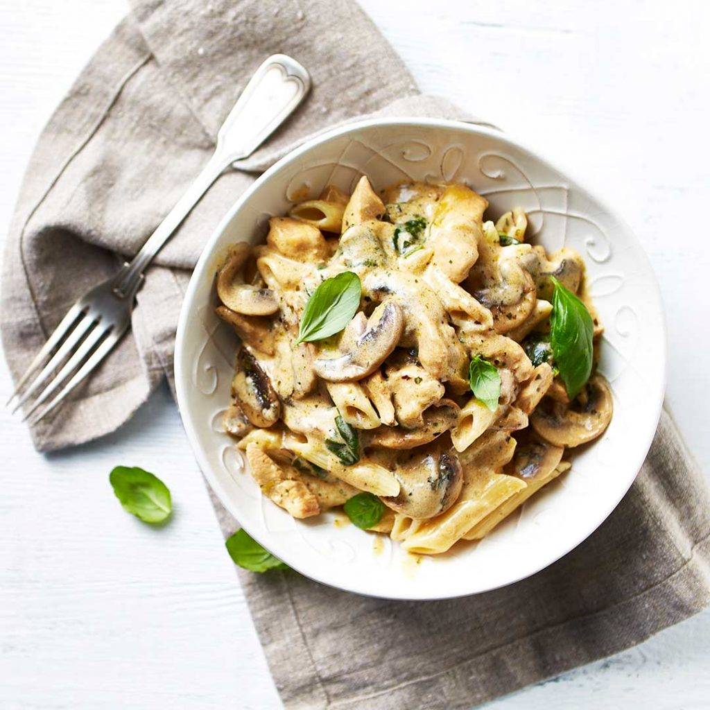 Romige pasta met champignon en spinazie