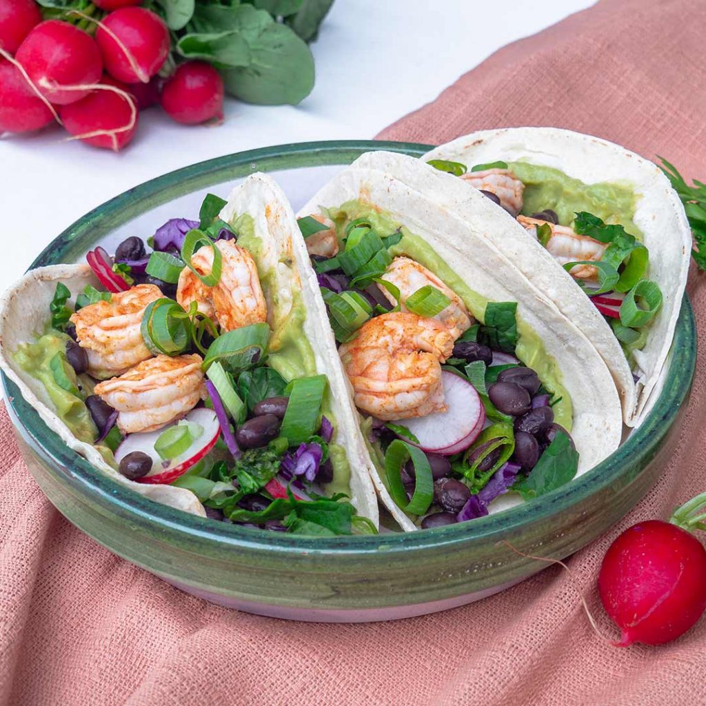 Taco’s met gamba’s en groene salsa